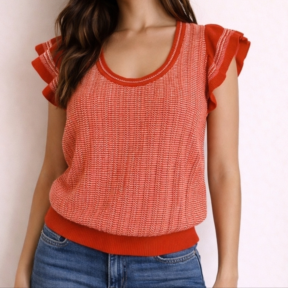 OLD NAVY Tomato Red and White Scoop Neck Ruffle Flutter Sleeve Knit Blouson Top